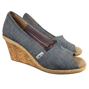Toms Cork Espadrille Wedge Blue Denim Peep Toe Slip On Shoes Womens sz 7.5